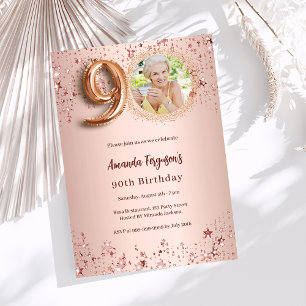 Invitation 90e anniversaire rose étoiles photo en or