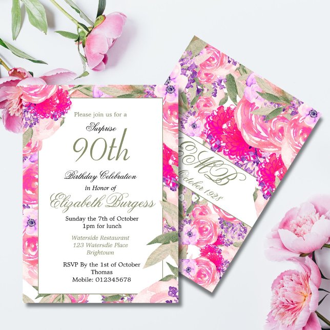 Invitation 90e anniversaire rose Floral Rose Chic Anniversair (Créateur téléchargé)