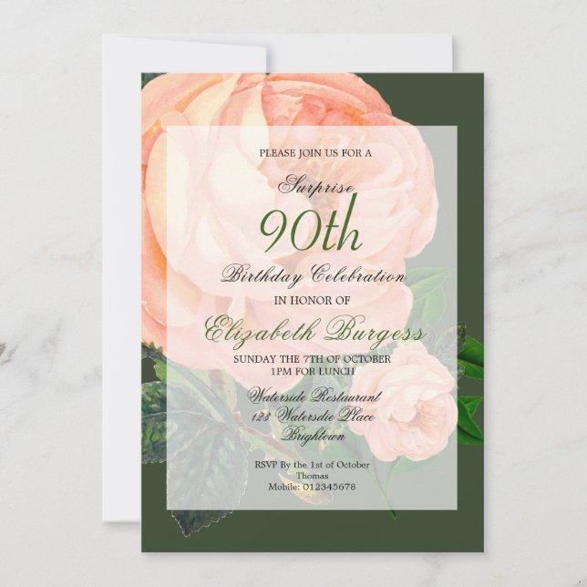 Invitation 90e anniversaire Rose monogramme personnel Anniver (Devant)