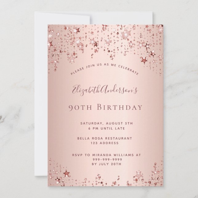 Invitation 90e anniversaire rose or étoiles sprinkle (Devant)