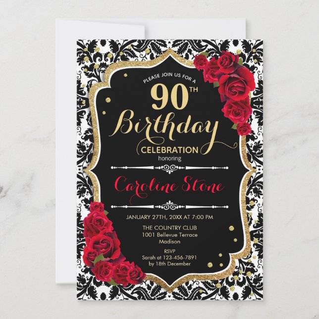 Invitation 90e anniversaire - Roses rouges Gold Black Damask (Devant)