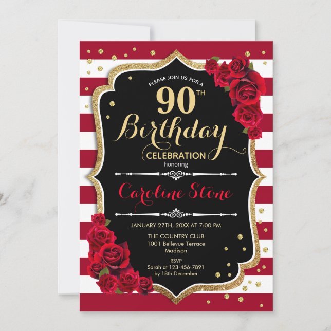 Invitation 90e anniversaire - Rouge or noir blanc rayures Ros (Devant)