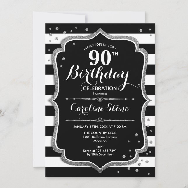 Invitation 90e anniversaire - Silver Black White Stripes (Devant)