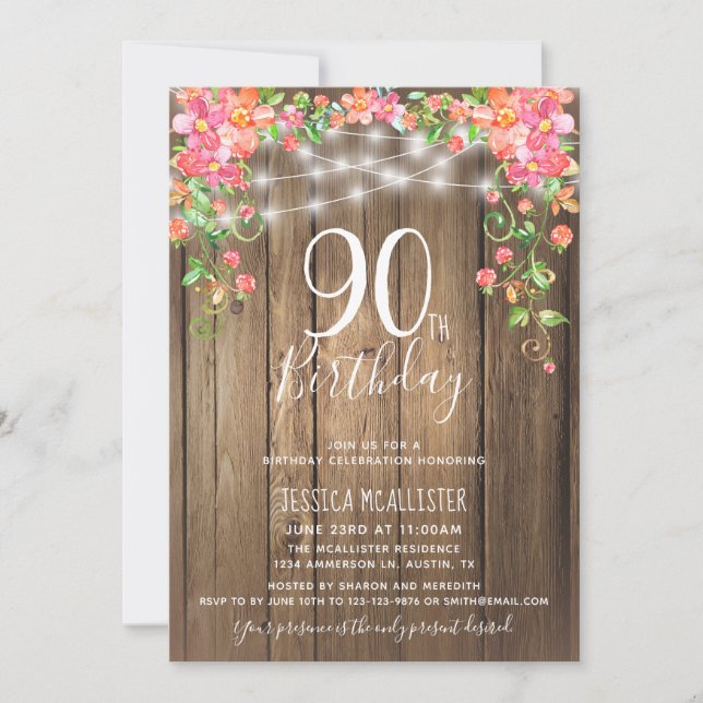 Invitation 90e anniversaire Surprise Brunch Rustique Floral B (Devant)