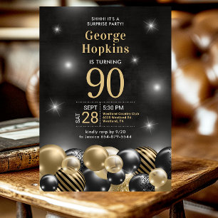 Invitation 90e anniversaire Surprise Party Black Gold Ballons