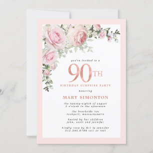 Invitation 90e anniversaire Surprise Party Blush rose floral