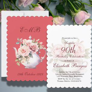 Invitation 90e anniversaire Tea Party Pink Floral Rose Annive