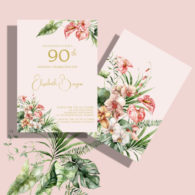 Invitation 90E Anniversaire Tropical Aquarelle rose élégant (Créateur téléchargé)