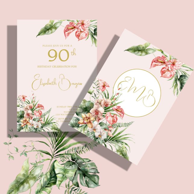 Invitation 90E Anniversaire Tropical Aquarelle rose élégant (Créateur téléchargé)