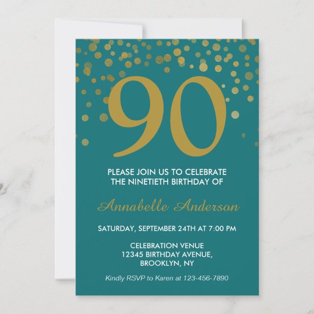 Invitation 90e Anniversaire Turquoise Gold Sparkle Confetti É (Devant)