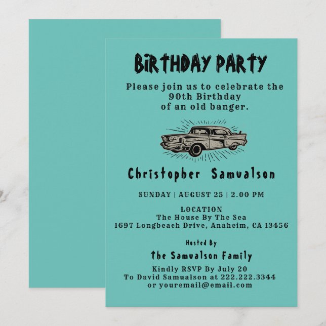 Invitation 90e anniversaire Vieux Banger Voiture Enthousiaste (Devant / Derrière)