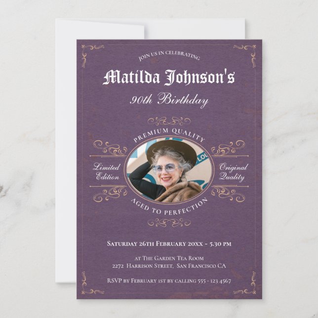 Invitation 90e anniversaire Vintage Lavender photo personnali (Devant)