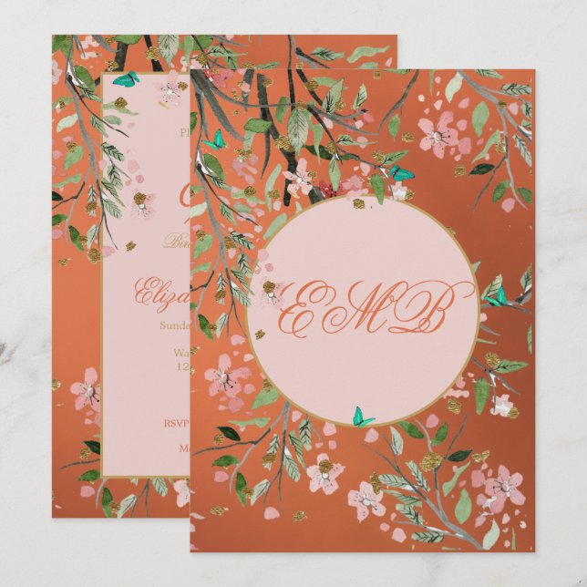 Invitation 90e Corail floral Elégant Monogramme rose Annivers (Devant / Derrière)