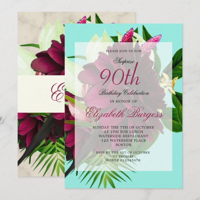 Invitation 90E Crème Bleue Floral Élégant Anniversaire Modern (Devant / Derrière)