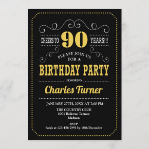 Invitation 90e fête d'anniversaire - Black Gold White