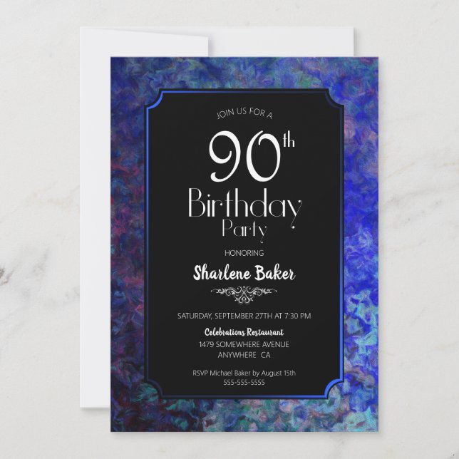 Invitation 90e fête d'anniversaire Noir avec frontière bleue (Devant)