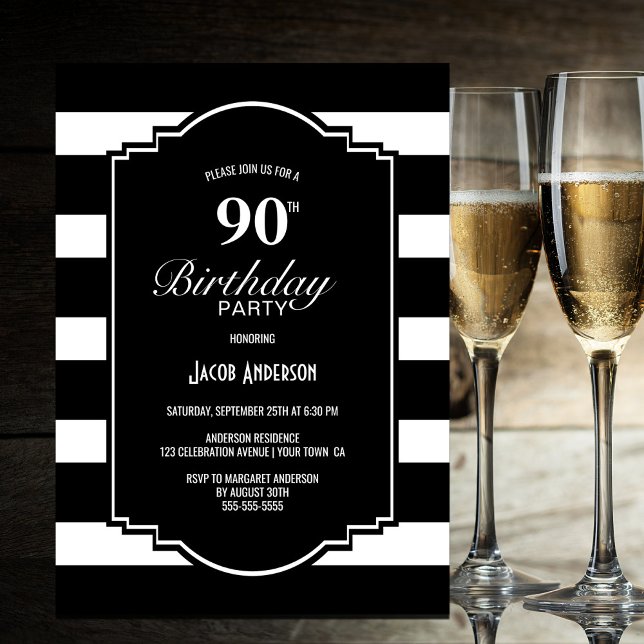 Invitation 90e fête d'anniversaire Noir et blanc rayé (Créateur téléchargé)
