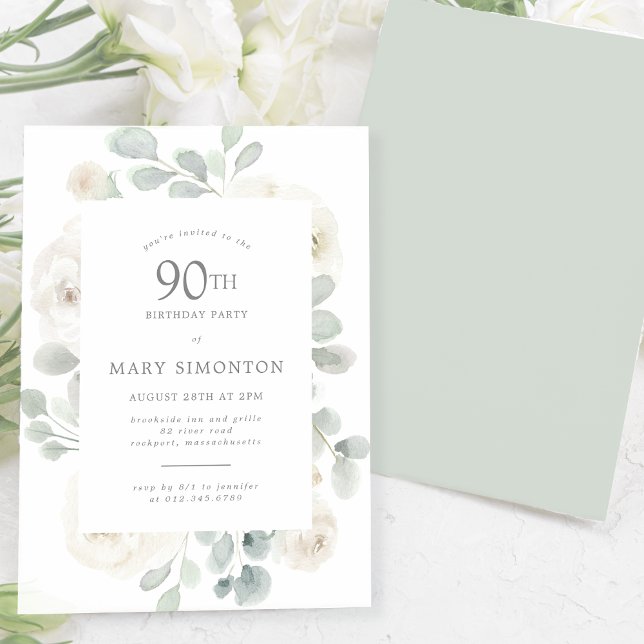 Invitation 90e fête d'anniversaire Rose blanche Floral (Créateur téléchargé)