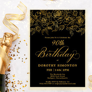 Invitation 90e fête d'anniversaire Rose d'or Floral Black
