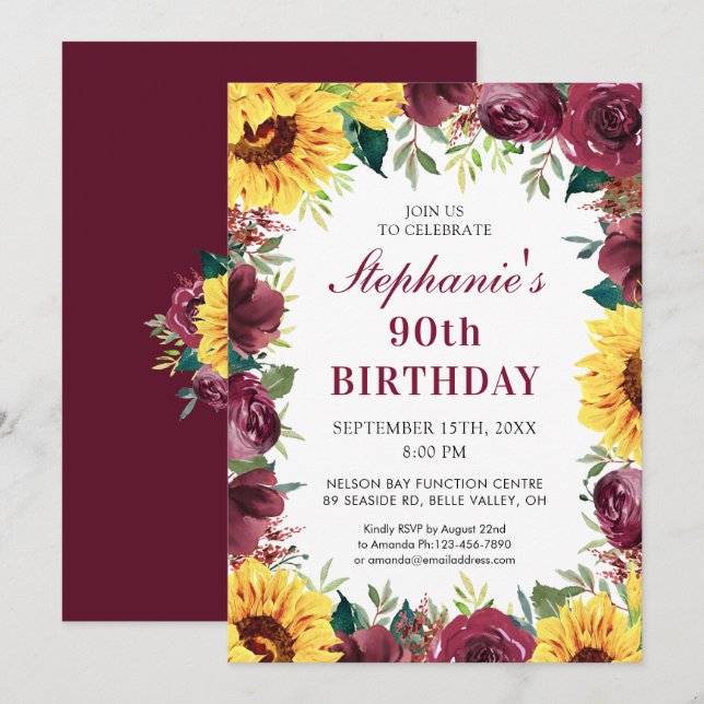 Invitation 90e fête d'anniversaire Sunflower Bourgogne fronti (Devant / Derrière)
