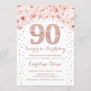 Invitation 90e fête d'anniversaire surprise - Rose blanche or