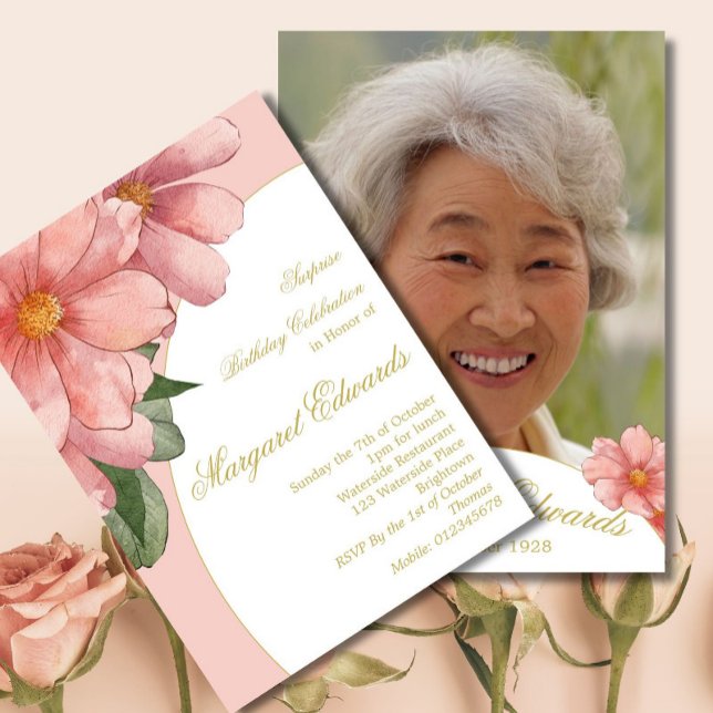 Invitation 90e Gold Elegant rose florale photo Anniversaire (Créateur téléchargé)