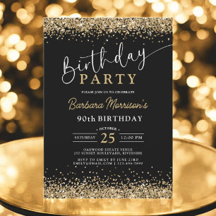 Invitation 90e Parties scintillant d'or noir moderne Annivers