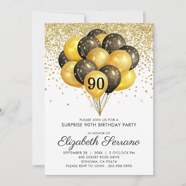 Invitation 90e Parties scintillant d'or noir pour la fête d'a (Devant)