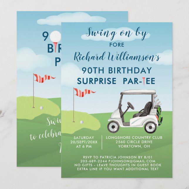 Invitation 90e Surprise Anniversaire Party Thème de golf masc (Devant / Derrière)
