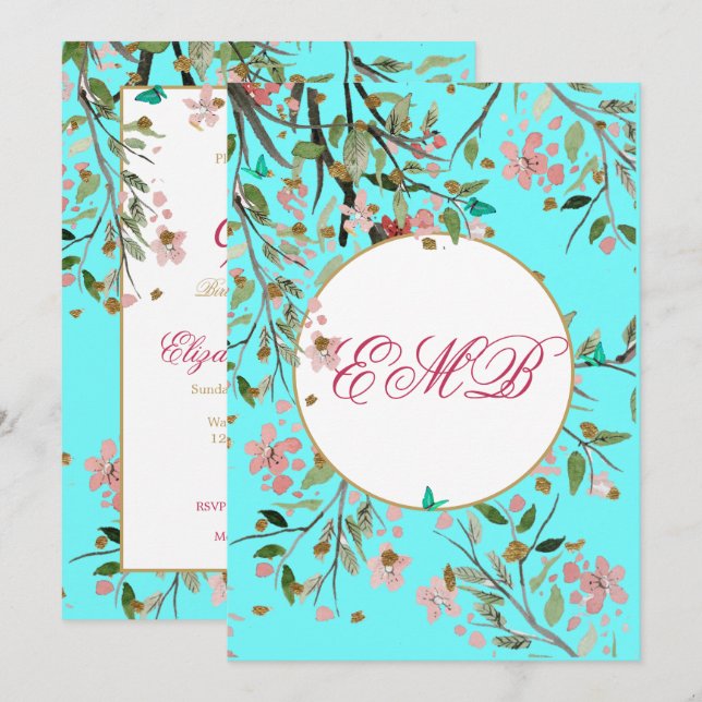 Invitation 90ème Floral Aqua Bleu Élégant Monogramme Annivers (Devant / Derrière)