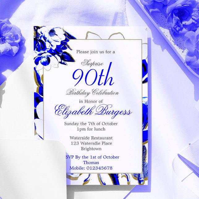 Invitation 90ème Floral Bleu et Blanc Printemps Elégant Anniv (Créateur téléchargé)