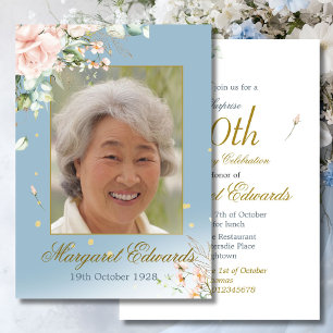 Invitation 90ème Floral Rose Blue Gold Elegant Photo Annivers