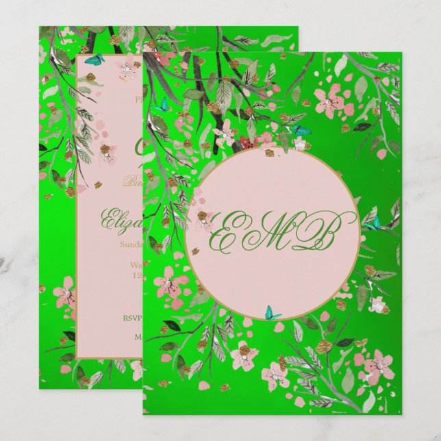Invitation 90ème Floral Vert Élégant Monogramme rose Annivers (Devant / Derrière)