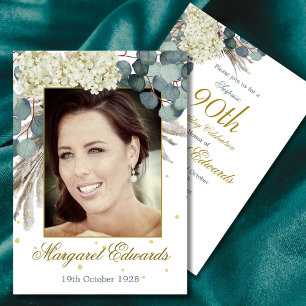 Invitation 90ème Floral White Gold Elegant Photo Anniversaire