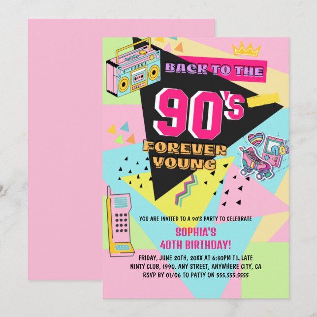 Invitation 90s Retour Anniversaire (Devant / Derrière)