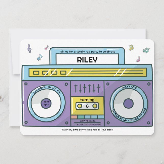 Invitation 90's Totally Rad Boombox Music Thème Anniversaire (Devant)