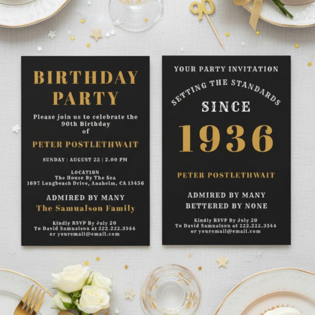 Invitation 90th Birthday 1936 Black Gold Personalized For Him (1936 invitation. White background.)