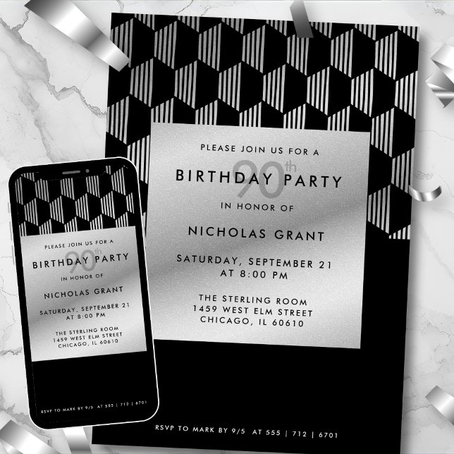 Invitation 90th Birthday Modern Black Faux Silver Foil (Créateur téléchargé)