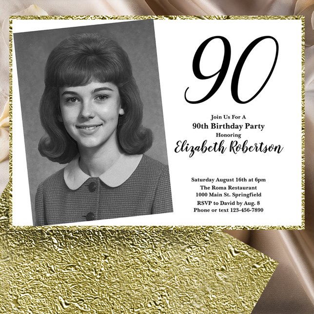 Invitation 90th Custom Photo White and Gold  (Créateur téléchargé)