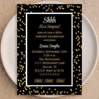 Invitation 90th Shhh c'est une surprise Anniversaire Confetti