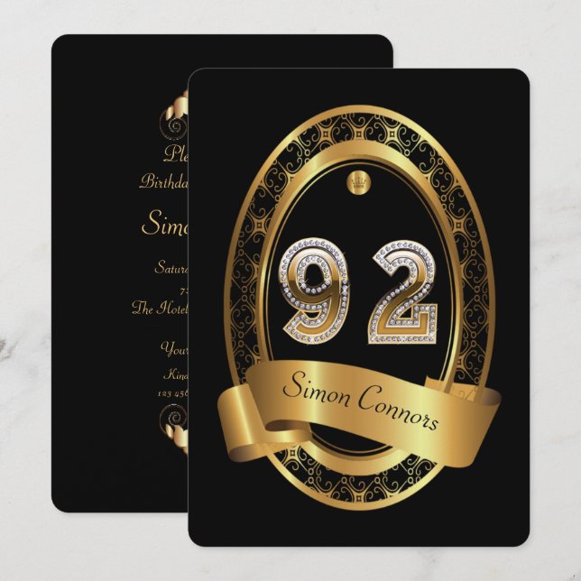 Invitation 92e anniversaire, homme de fête, couleur élégante (Devant / Derrière)