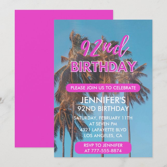 Invitation 92ème anniversaire d'invitation Summer Pink Palm t (Devant / Derrière)