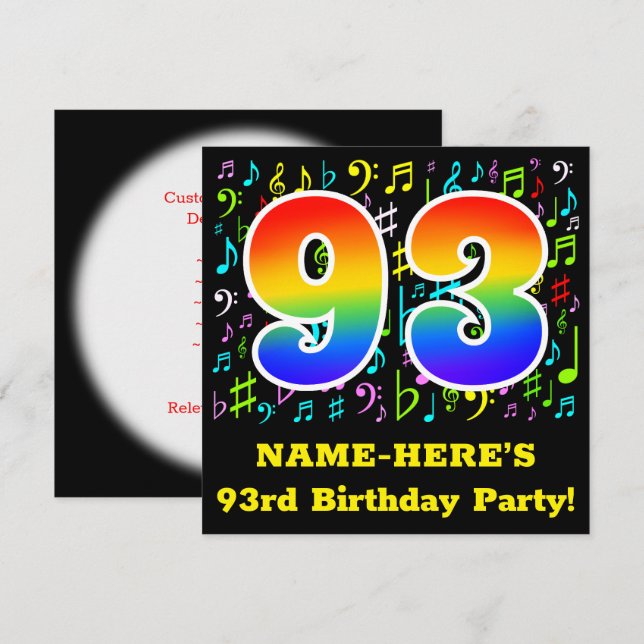 Invitation 93e fête d'anniversaire : Symboles de musique amus (Devant / Derrière)