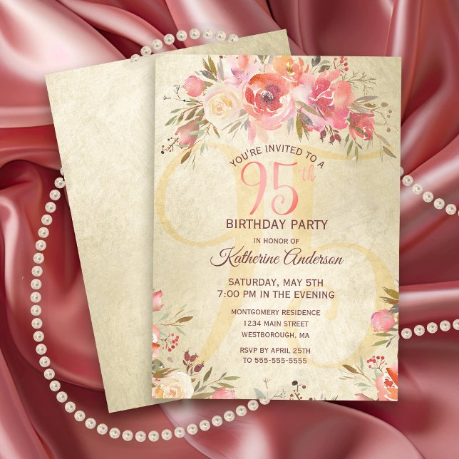 Invitation 95e anniversaire Floral rose Roses Gold Shimmer Pa (Elegant Pink and Gold Floral 95th Birthday Party Invitation)