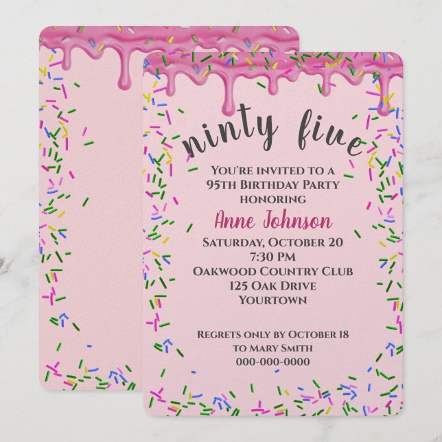 Invitation 95e Anniversaire Pink Icing Et Sprinkles (Devant / Derrière)