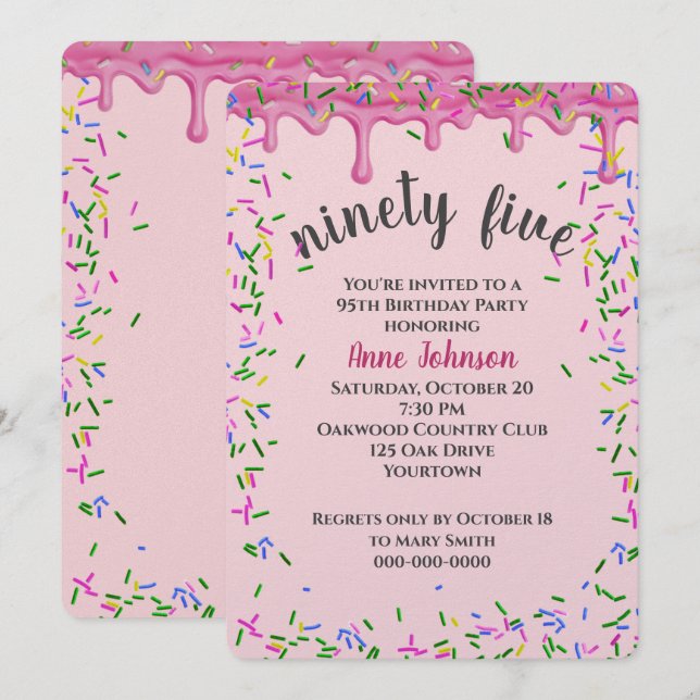 Invitation 95e Anniversaire Pink Icing Et Sprinkles (Devant / Derrière)