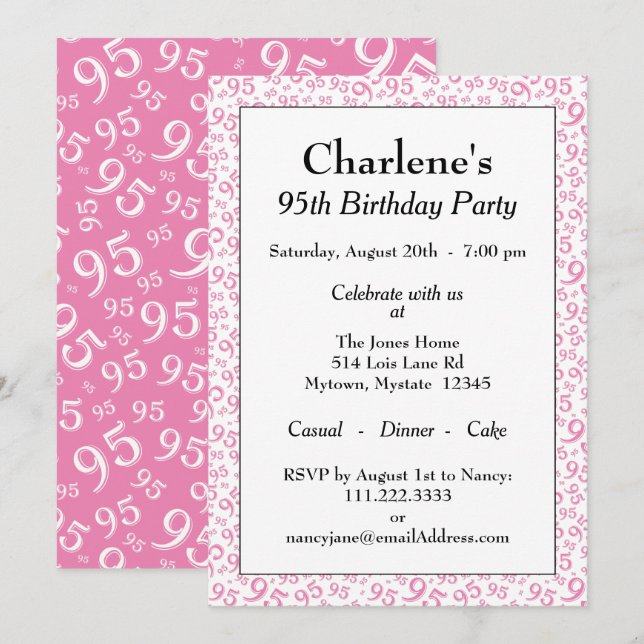 Invitation 95e anniversaire Random Number Motif rose/blanc (Devant / Derrière)