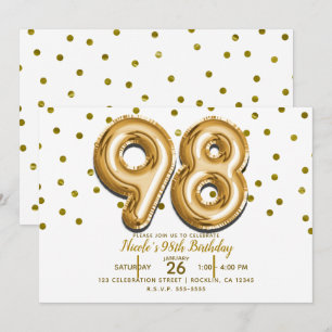 Invitation 98 Gold Balloons & Confetti 98e anniversaire