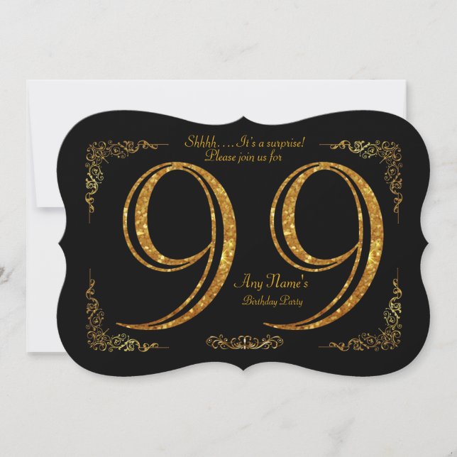 Invitation 99e,Fête d'anniversaire 99e,grand Gatsby,noir & or (Devant)