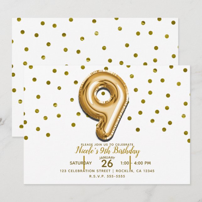 Invitation 9 Neuf Balloon d'or Confetti 9e fête d'anniversair (Devant / Derrière)
